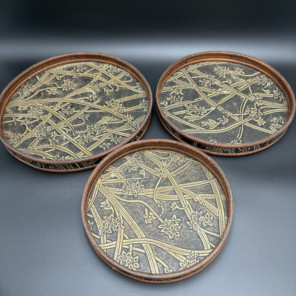 Vintage Handmade Bentwood Serving Trays Set Of Three Gold Flower Motif